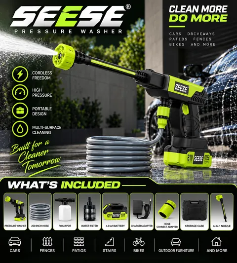 SEESE Cordless Pressure Washer with the complete included cleaning kit